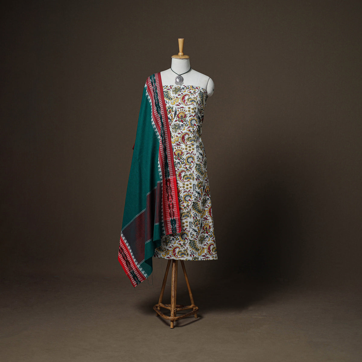 Sanganeri Block Print Cotton Unstitched Dress Material: Kurta, Bottom & Dupatta with Jewellery 51