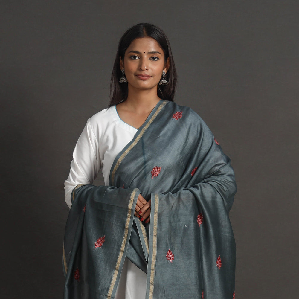 Grey - Handloom Chanderi Silk Kashida Embroidery Dupatta 21