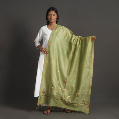 Green - Handloom Chanderi Silk Kashida Embroidery Dupatta 22