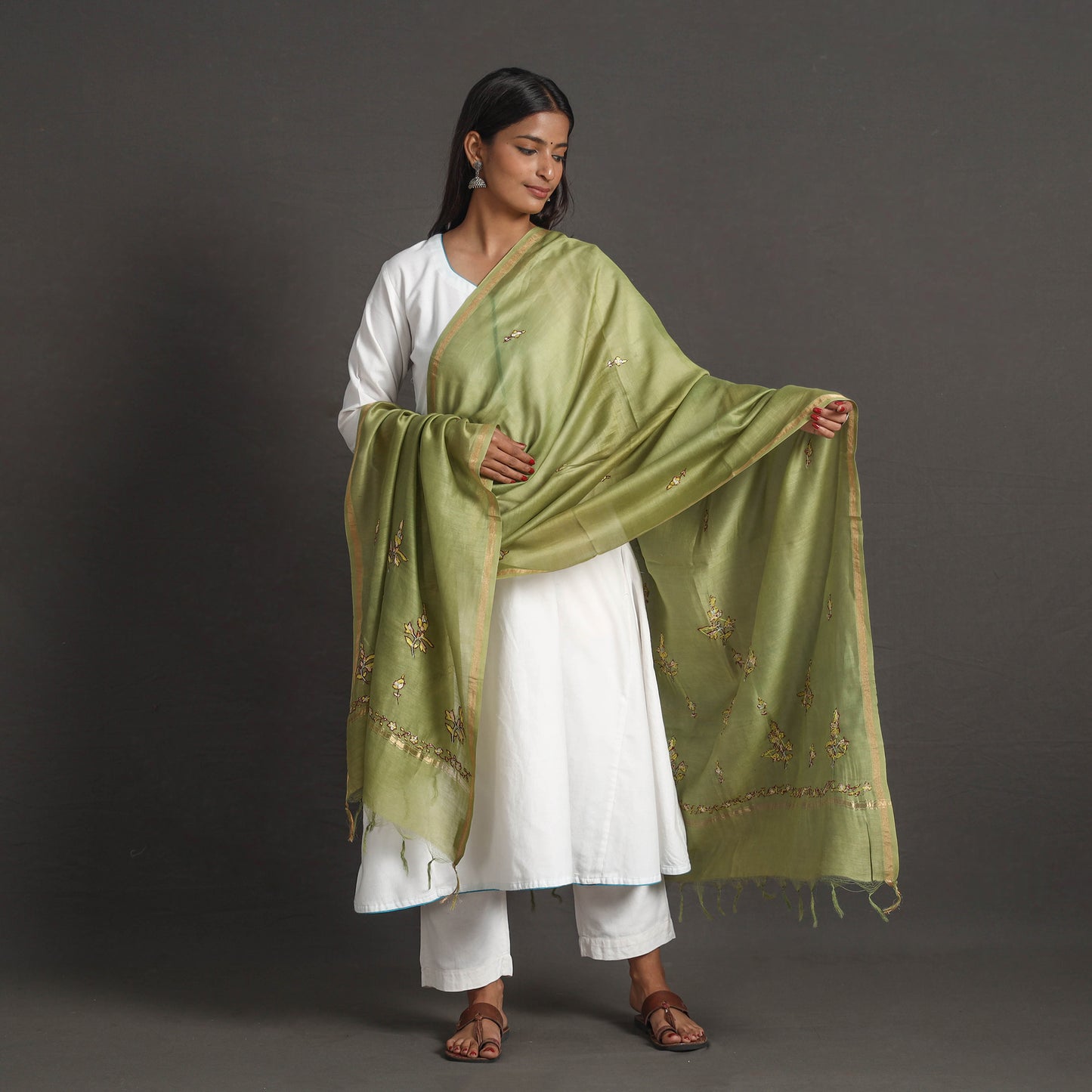 Green - Handloom Chanderi Silk Kashida Embroidery Dupatta 22