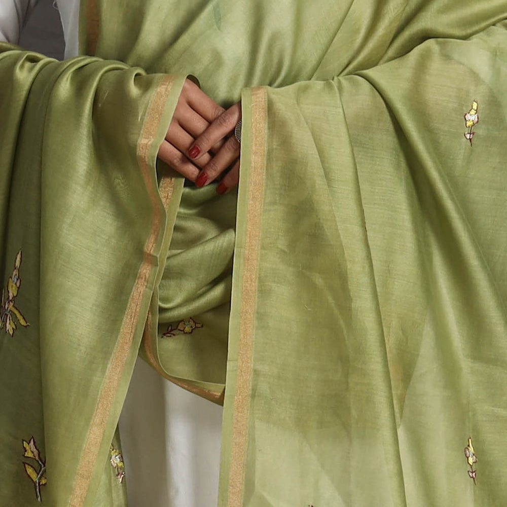 Green - Handloom Chanderi Silk Kashida Embroidery Dupatta 22