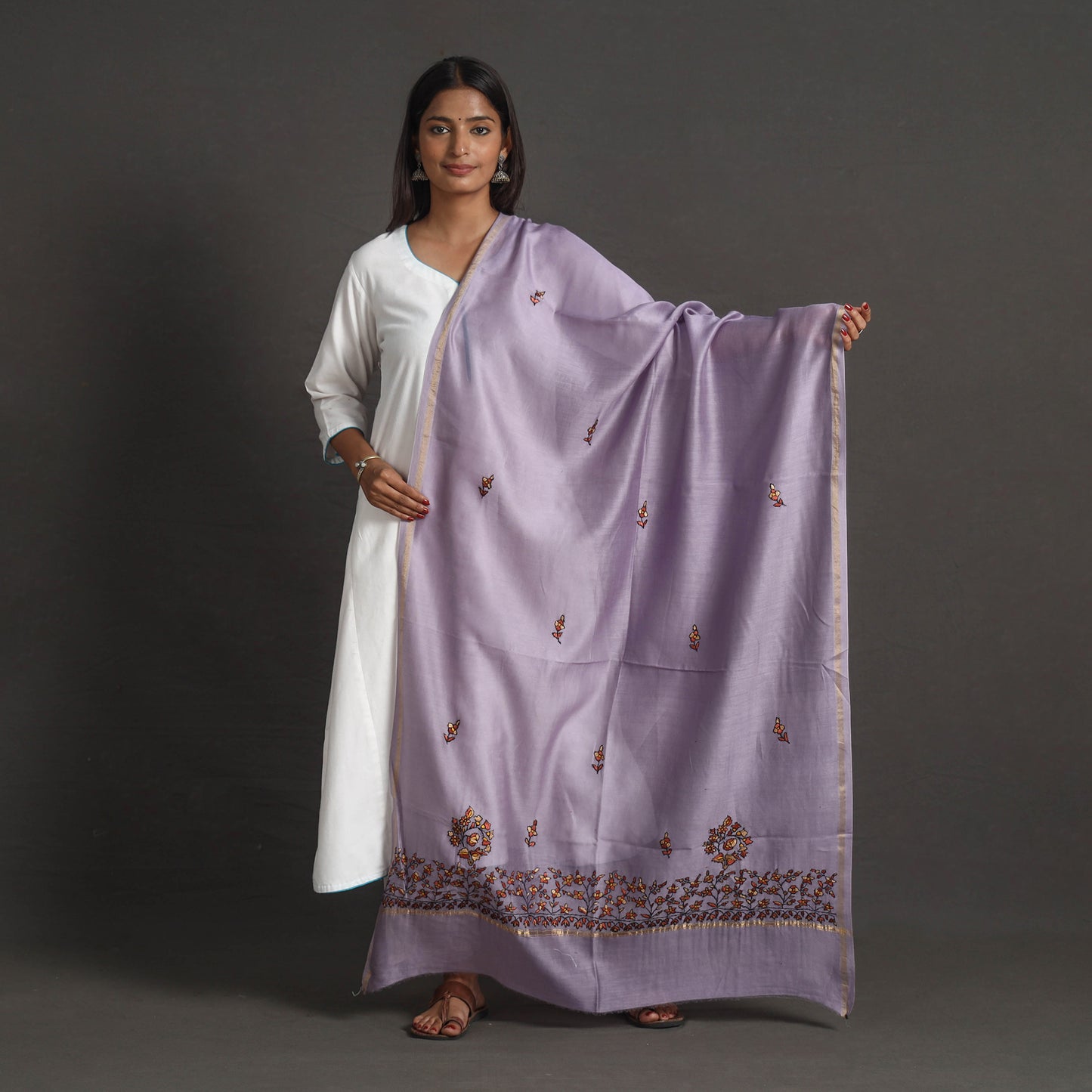 Purple - Handloom Chanderi Silk Kashida Embroidery Dupatta 23