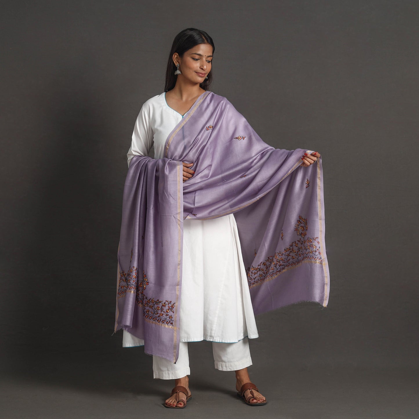 Purple - Handloom Chanderi Silk Kashida Embroidery Dupatta 23