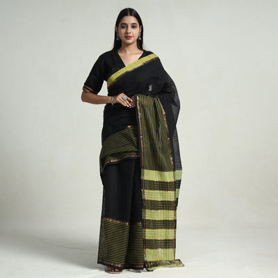 Black - Mangalagiri Missing Checks Cotton Handloom Saree with Pochampally Ikat Blouse Piece