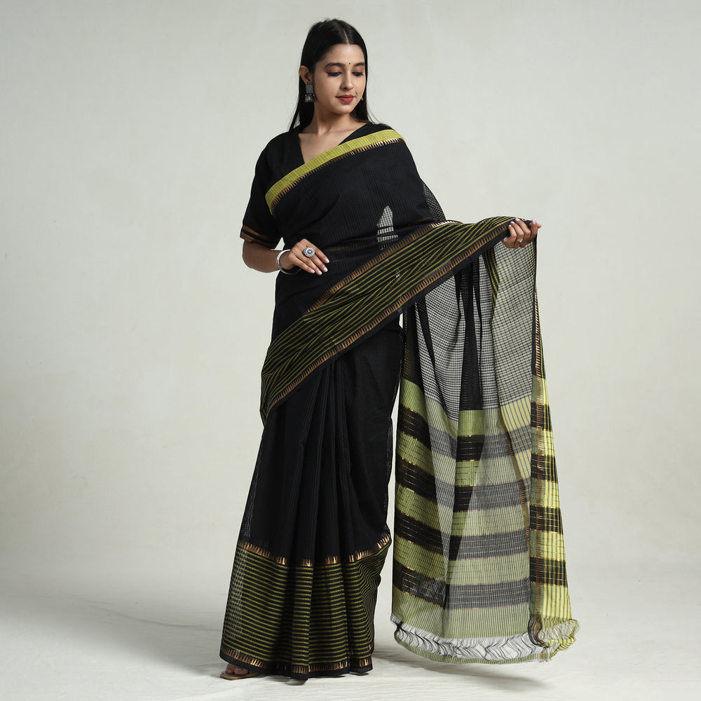 Black - Mangalagiri Missing Checks Cotton Handloom Saree with Pochampally Ikat Blouse Piece