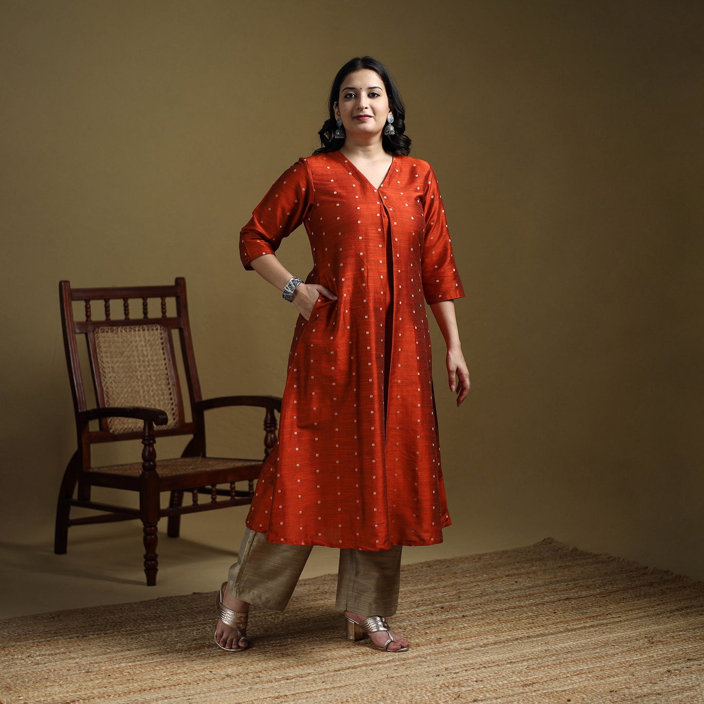 Orange - Plain Spun Dupion Viscose Silk Buti A-Line Kurta for women 11