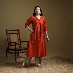 Orange - Plain Spun Dupion Viscose Silk Buti A-Line Kurta for women 11