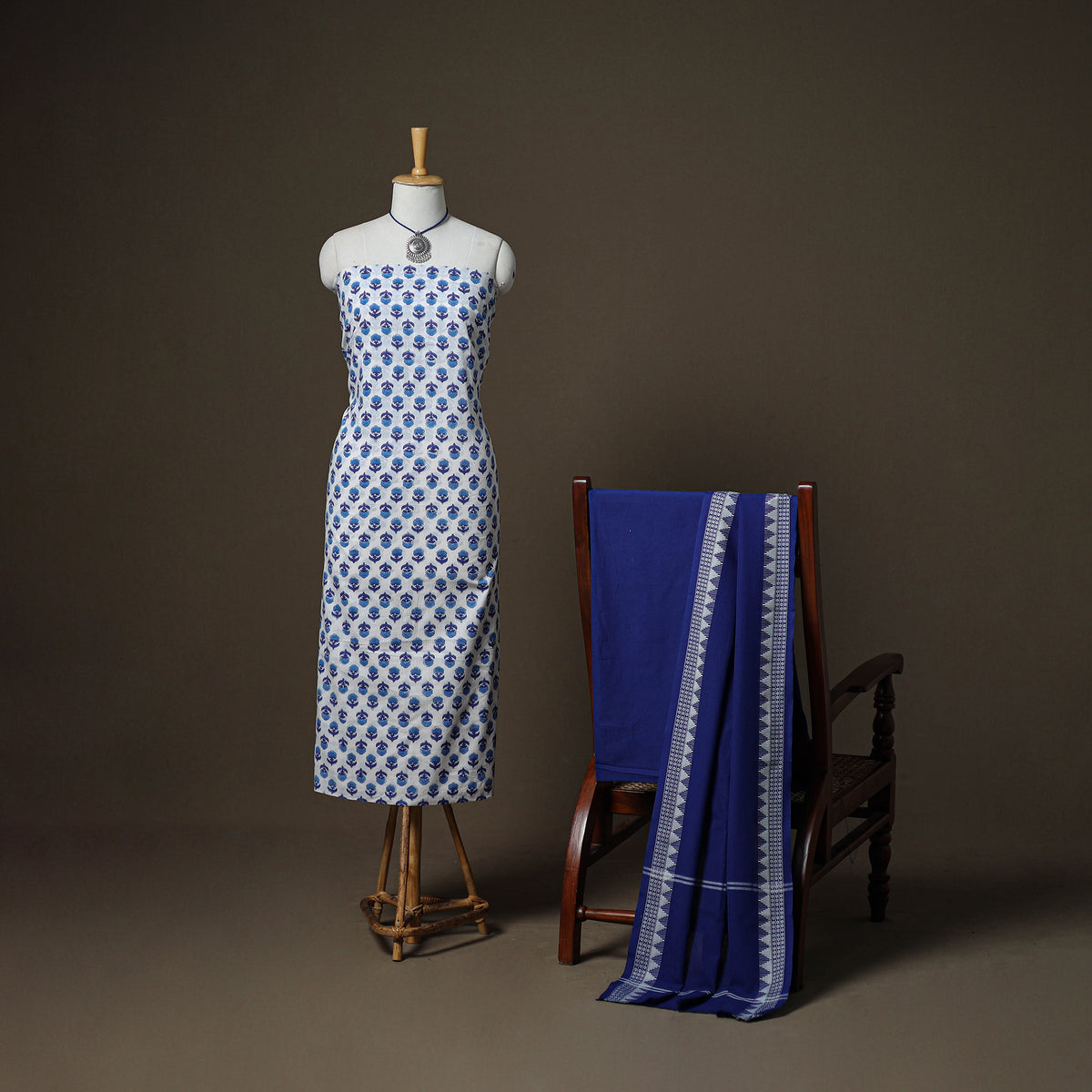 Sanganeri Block Print Cotton Unstitched Dress Material: Kurta, Bottom & Dupatta with Jewellery 52