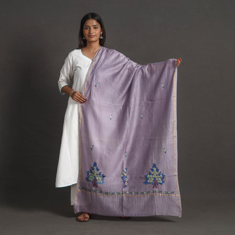 Purple - Handloom Chanderi Silk Kashida Embroidery Dupatta 24