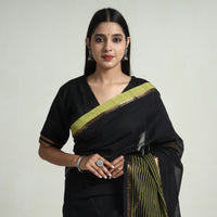 Black - Mangalagiri Missing Checks Cotton Handloom Saree with Pochampally Ikat Blouse Piece