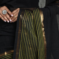 Black - Mangalagiri Missing Checks Cotton Handloom Saree with Pochampally Ikat Blouse Piece