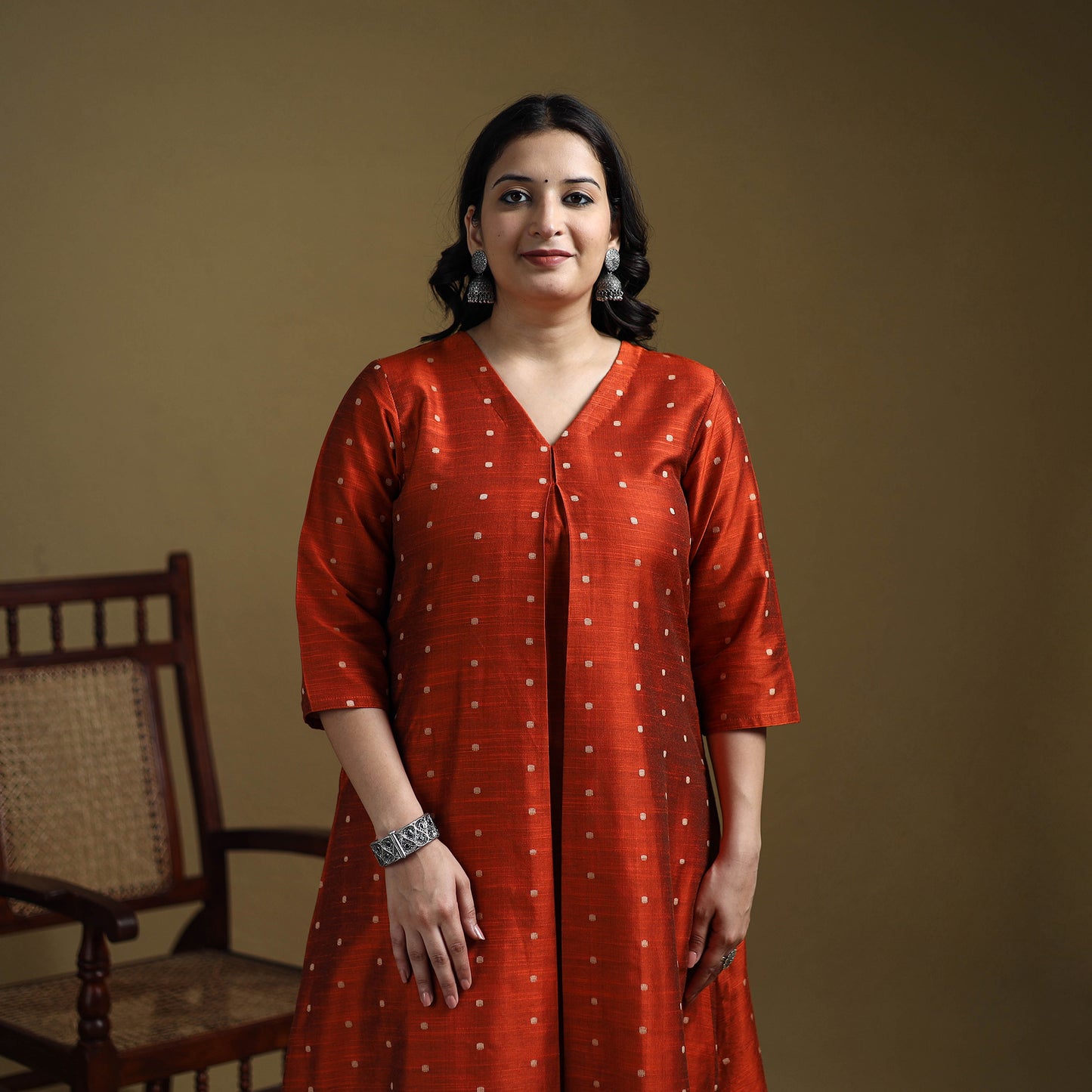 Orange - Plain Spun Dupion Viscose Silk Buti A-Line Kurta for women 11