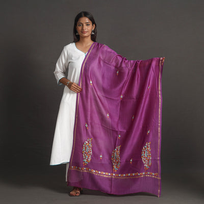 Purple - Handloom Chanderi Silk Kashida Embroidery Dupatta 25