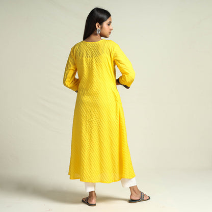 Yellow Srikalahasti Kalamkari Patchwork Pintuck Plain Cotton Long Kurta