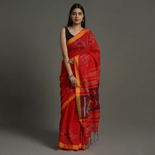 Red - Begampuri Handloom Cotton Saree with Ikat Border 18