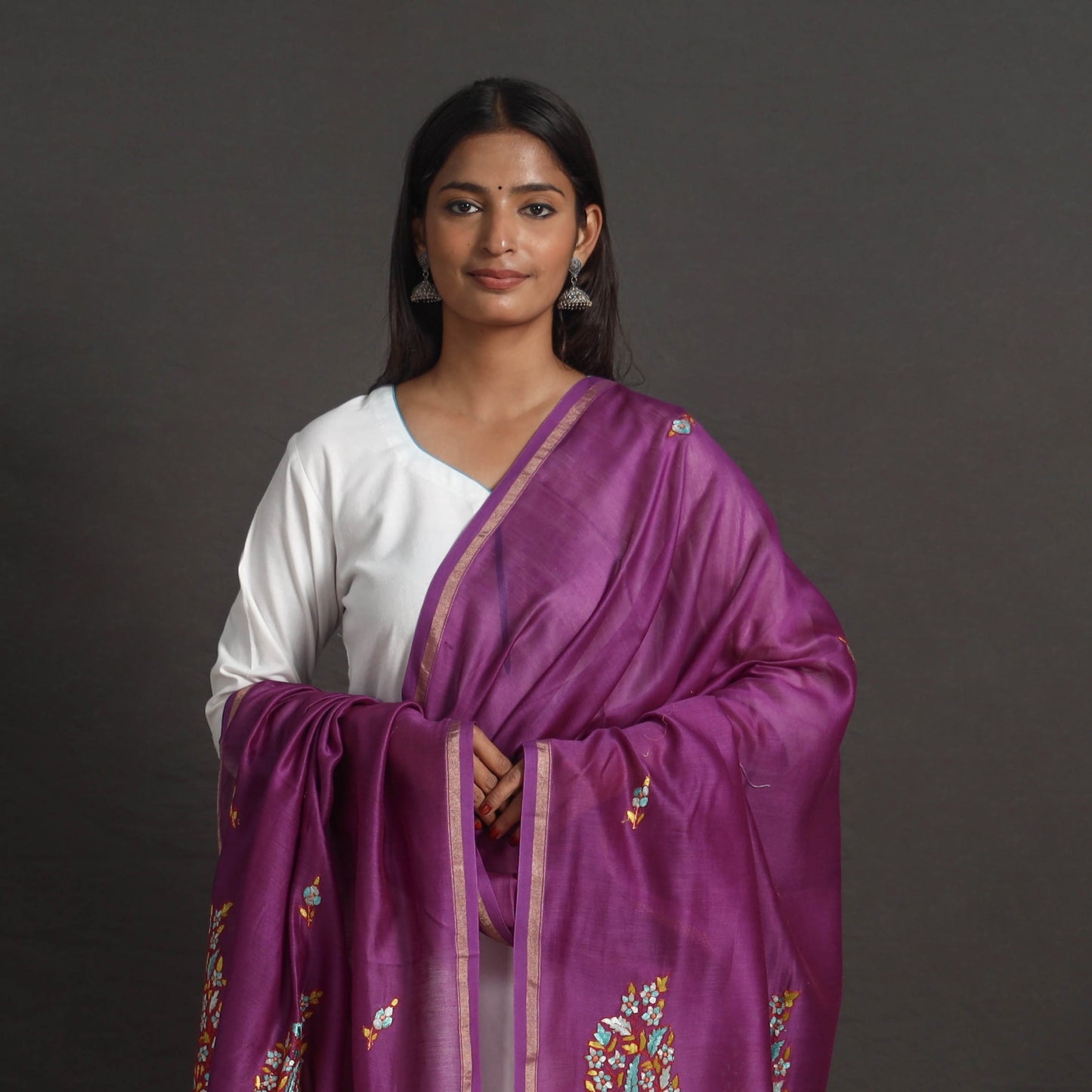 Purple - Handloom Chanderi Silk Kashida Embroidery Dupatta 25