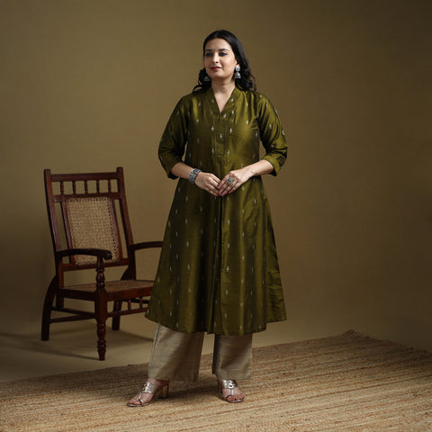 Green - Plain Spun Dupion Viscose Silk Buti A-Line Kurta for women 03
