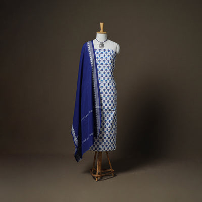 Sanganeri Block Print Cotton Unstitched Dress Material: Kurta, Bottom & Dupatta with Jewellery 52