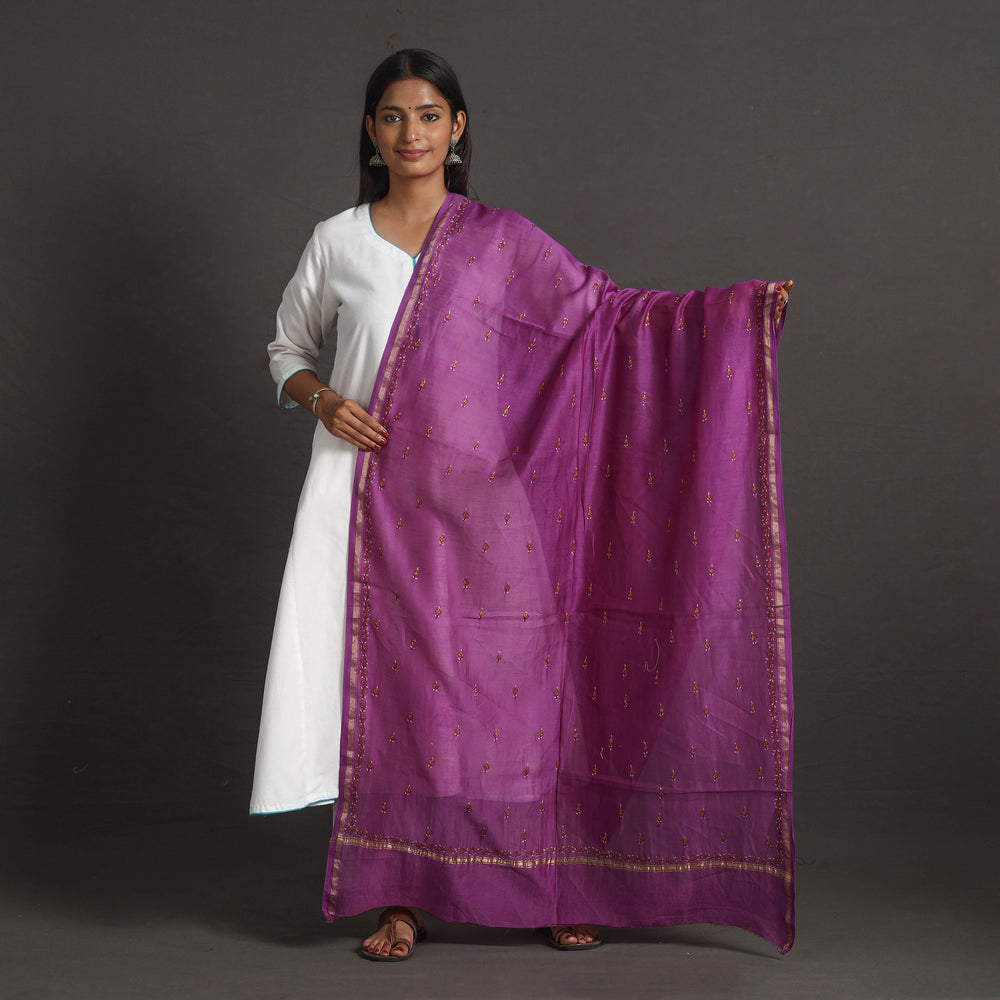 Purple - Handloom Chanderi Silk Kashida Embroidery Dupatta 26