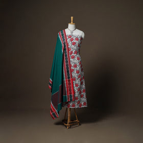 Sanganeri Block Print Cotton Unstitched Dress Material: Kurta, Bottom & Dupatta with Jewellery 53