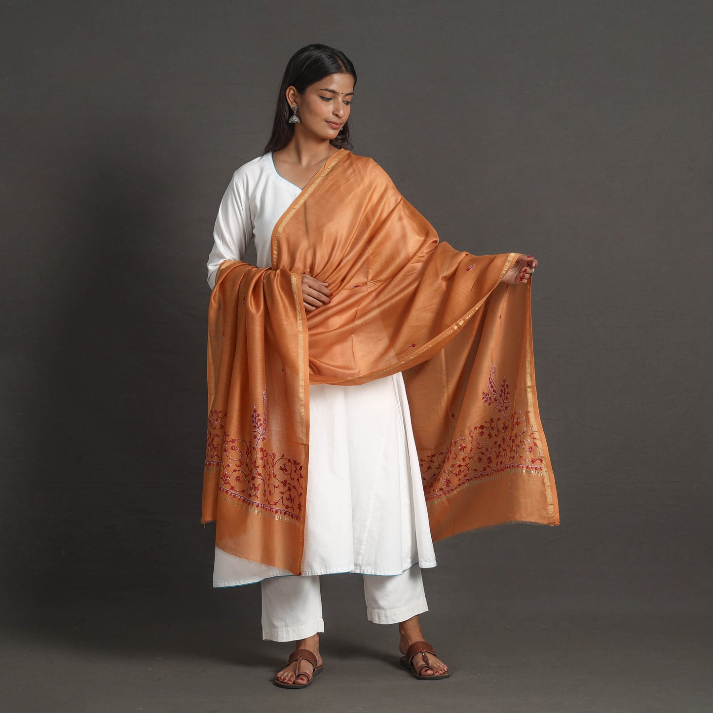 Orange - Handloom Chanderi Silk Kashida Embroidery Dupatta 27