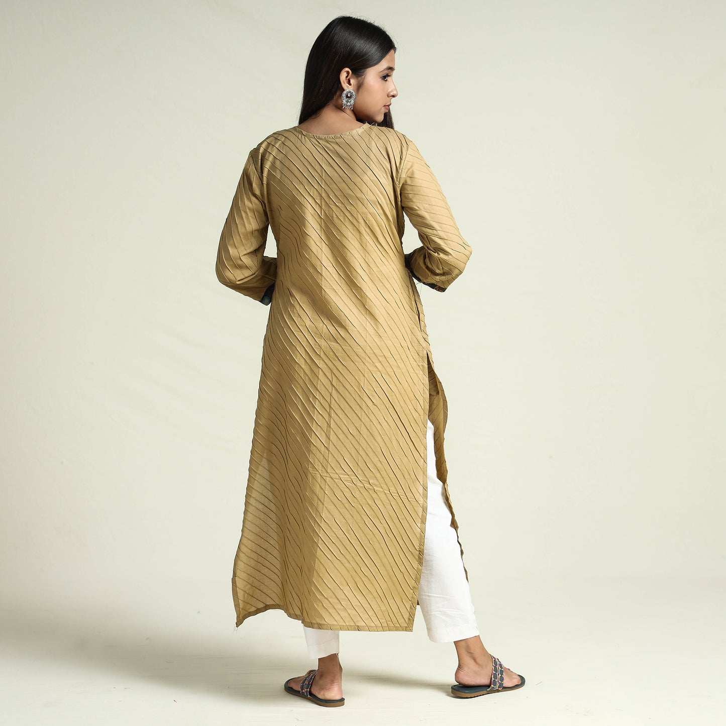 Beige - Srikalahasti Kalamkari Patchwork Pintuck Plain Cotton Long Kurta
