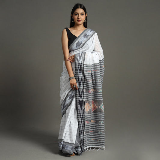 White - Begampuri Handloom Cotton Saree with Ikat Border 19