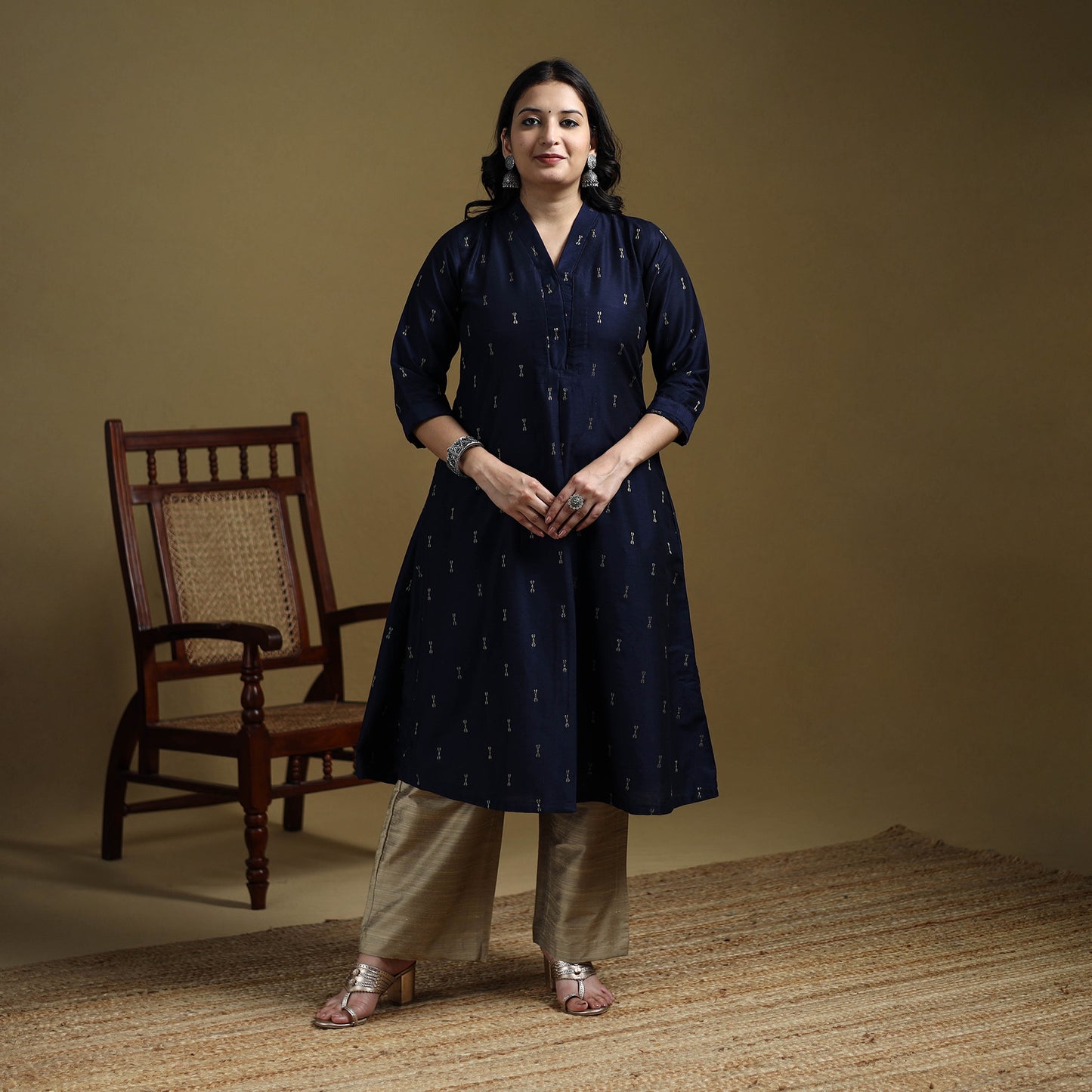 Blue - Plain Spun Dupion Viscose Silk Buti A-Line Kurta for women 04