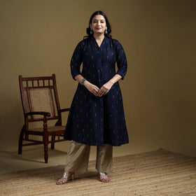 Blue - Plain Spun Dupion Viscose Silk Buti A-Line Kurta for women 04