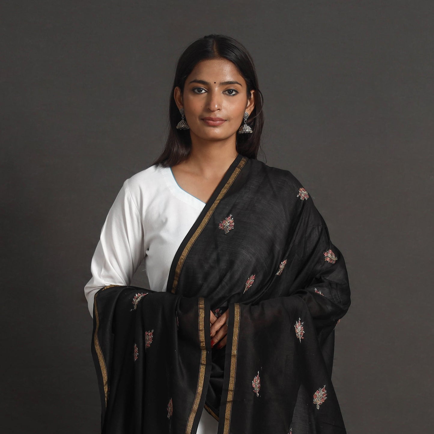 Black - Handloom Chanderi Silk Kashida Embroidery Dupatta 28