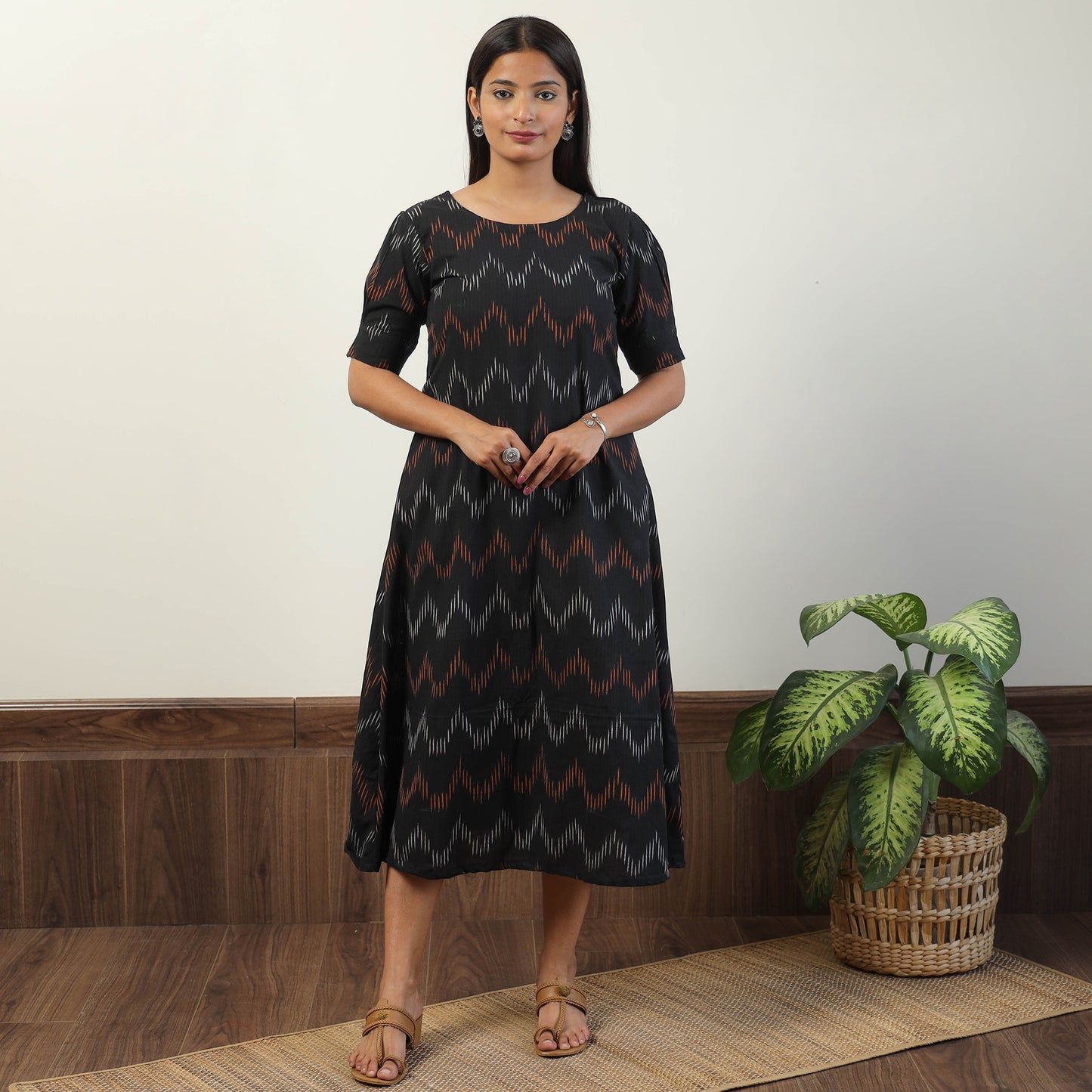 Black - Pochampally Ikat Weave Cotton Dress 04