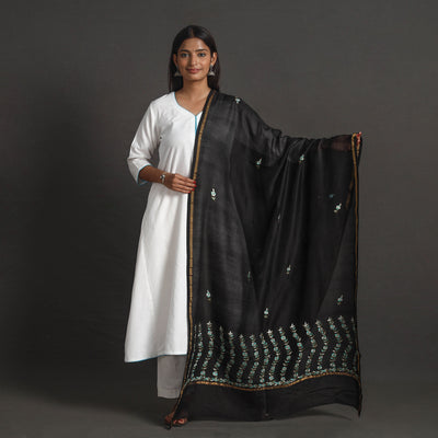 Black - Handloom Chanderi Silk Kashida Embroidery Dupatta 31