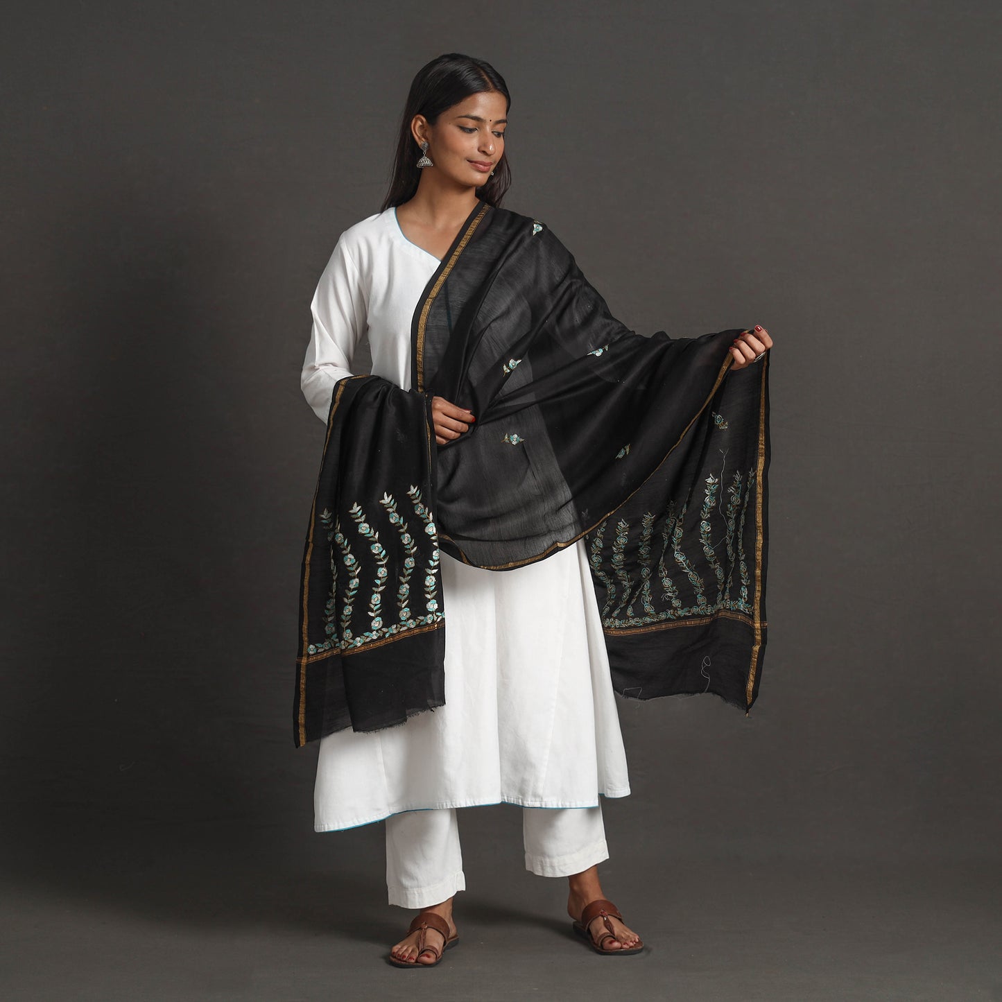 Black - Handloom Chanderi Silk Kashida Embroidery Dupatta 31