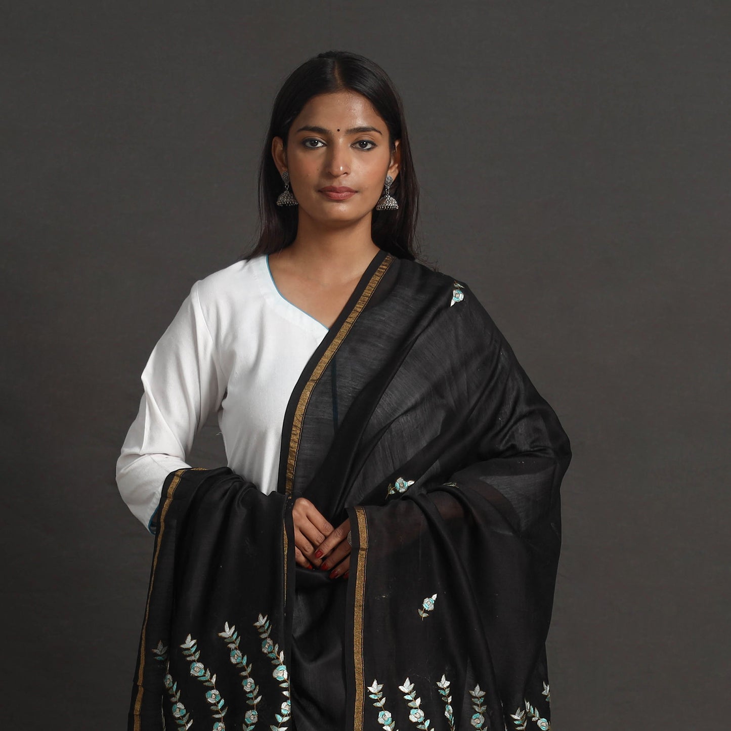 Black - Handloom Chanderi Silk Kashida Embroidery Dupatta 31