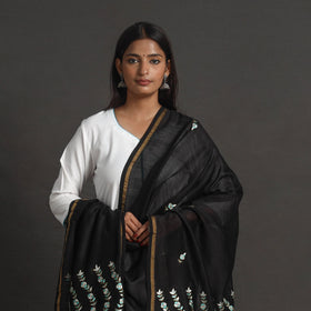 Black - handloom chanderi silk kashida embroidery dupatta