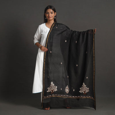 Black - Handloom Chanderi Silk Kashida Embroidery Dupatta 30