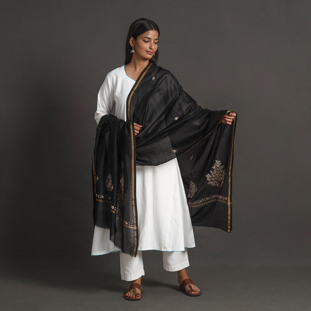 Black - Handloom Chanderi Silk Kashida Embroidery Dupatta 30