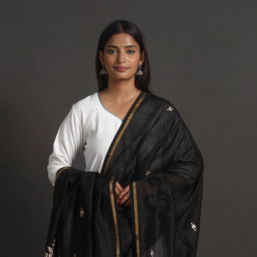 Black - Handloom Chanderi Silk Kashida Embroidery Dupatta 30