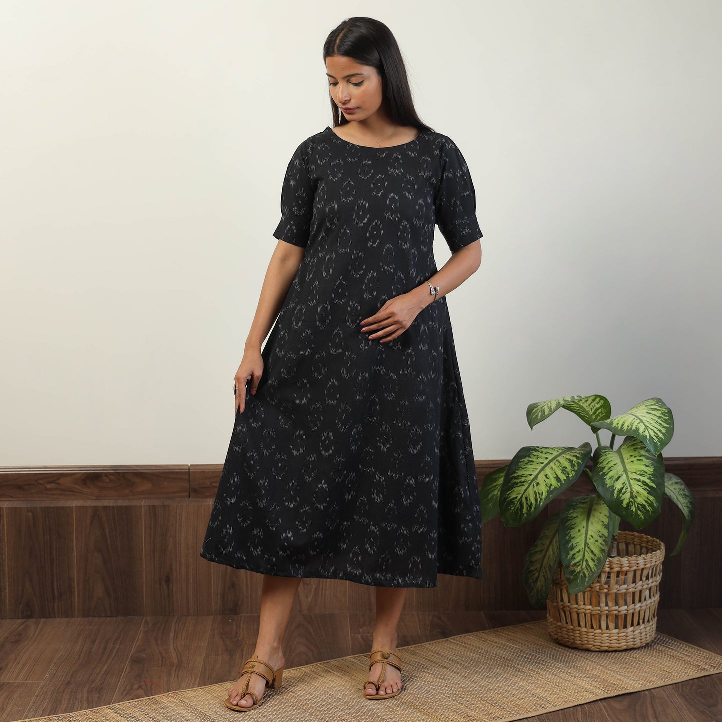 Black - Pochampally Ikat Weave Cotton Dress 02