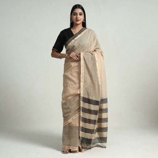 Brown - Mangalagiri Missing Checks Cotton Handloom Saree with Pochampally Ikat Blouse Piece