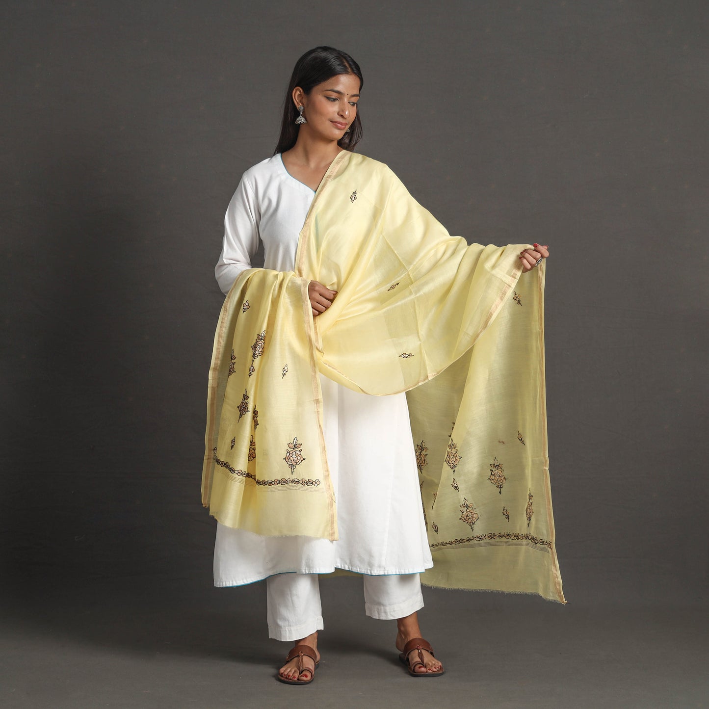 Yellow - Handloom Chanderi Silk Kashida Embroidery Dupatta 32