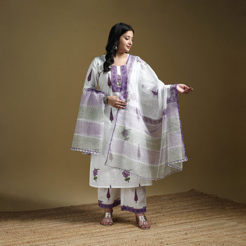 Purple - Sanganeri Hand Block Print Cotton Suit Set with Dupatta for women 01