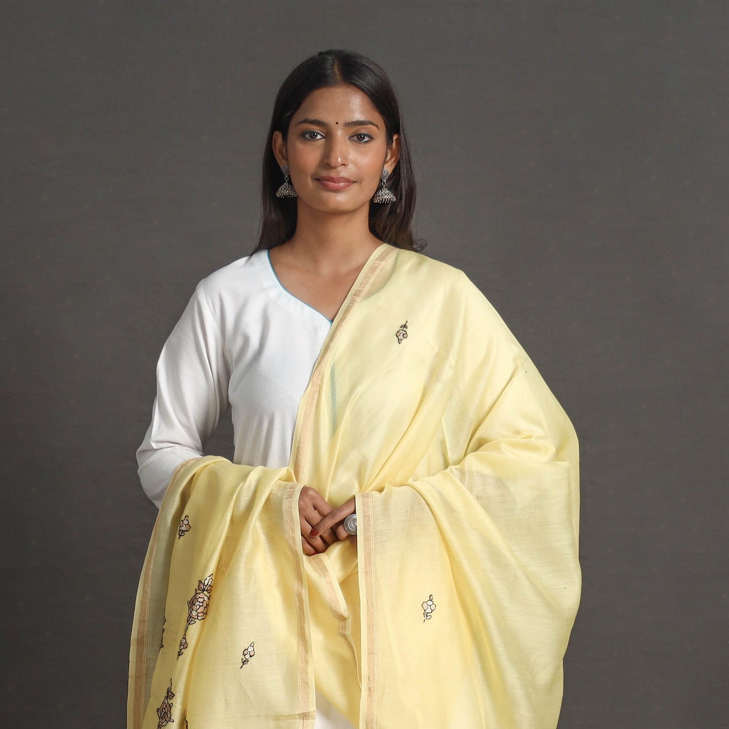 Yellow - Handloom Chanderi Silk Kashida Embroidery Dupatta 32