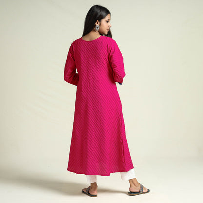 Pink Srikalahasti Kalamkari Patchwork Pintuck Plain Cotton Long Kurta