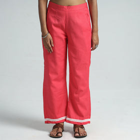 Pink Plain Flex Cotton Elasticated Palazzo with Lace Work