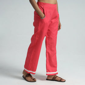 Pink Plain Flex Cotton Elasticated Palazzo with Lace Work