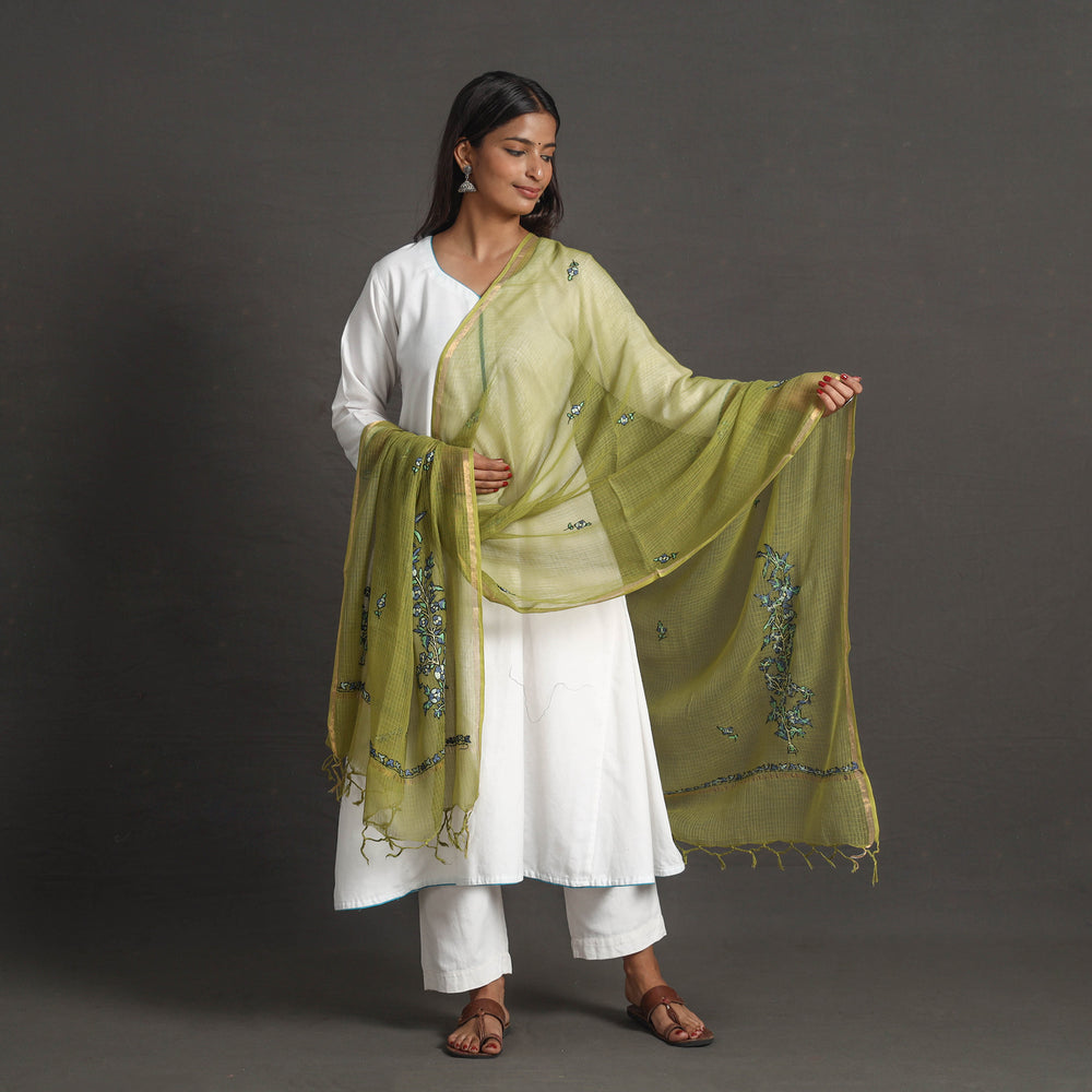 Green - Kota Doria Silk Cotton Kashida Embroidery Dupatta 34