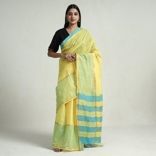 Yellow - Mangalagiri Missing Checks Cotton Handloom Saree with Pochampally Ikat Blouse Piece