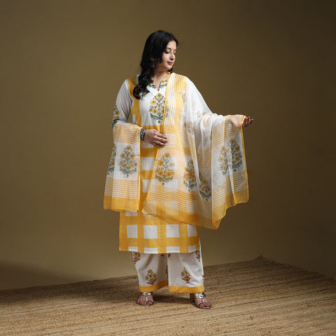 Yellow - Sanganeri Hand Block Print Cotton Suit Set with Dupatta for women 10