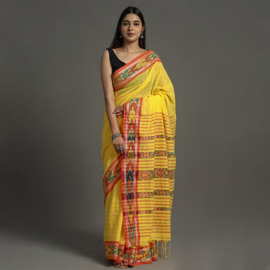 Yellow - Begampuri Handloom Cotton Saree with Ikat Border 22